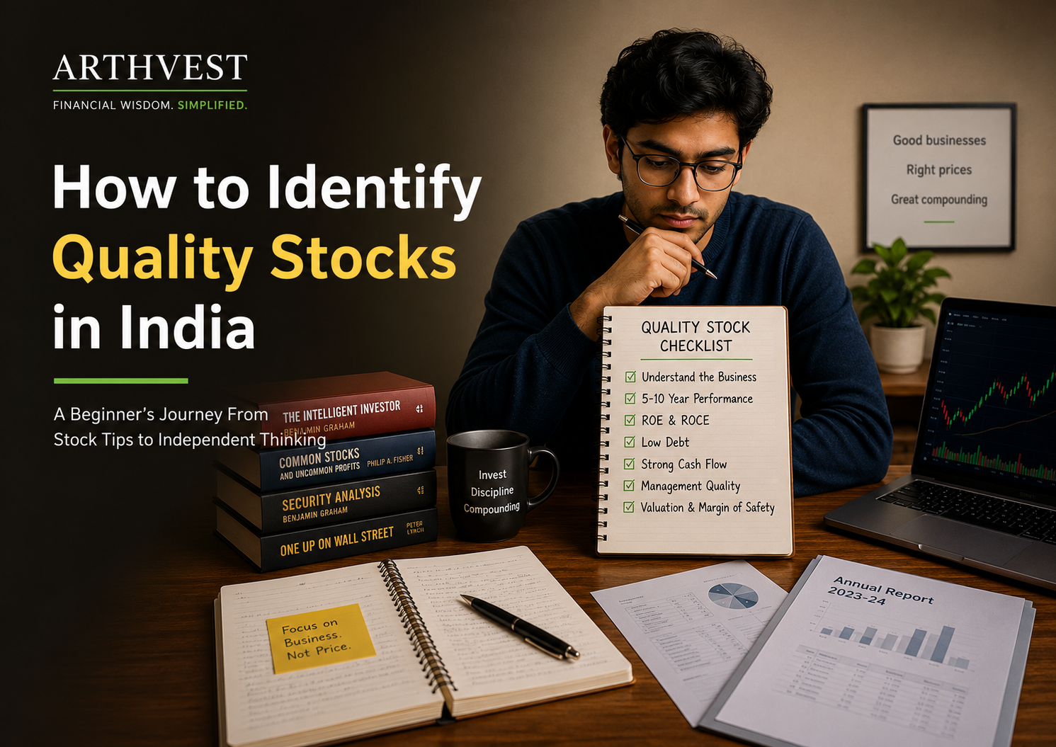 Rahul sitting with a notebook titled “Quality Stock Checklist”