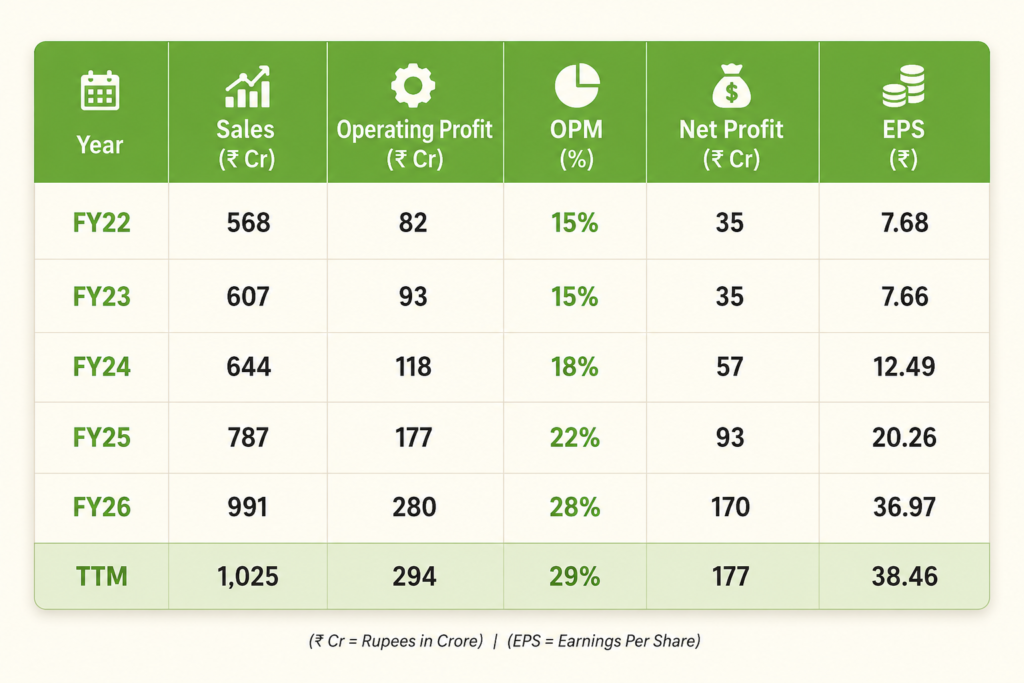 Consolidated financial table of Shaily Engineering Plastics showing sales, operating profit, OPM, net profit, and EPS growth from FY22 to FY26 and TTM.