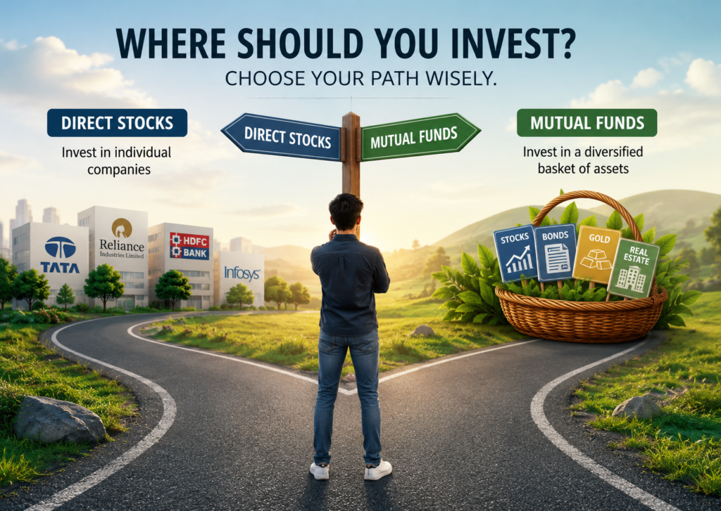 Beginner choosing between stocks and mutual funds.